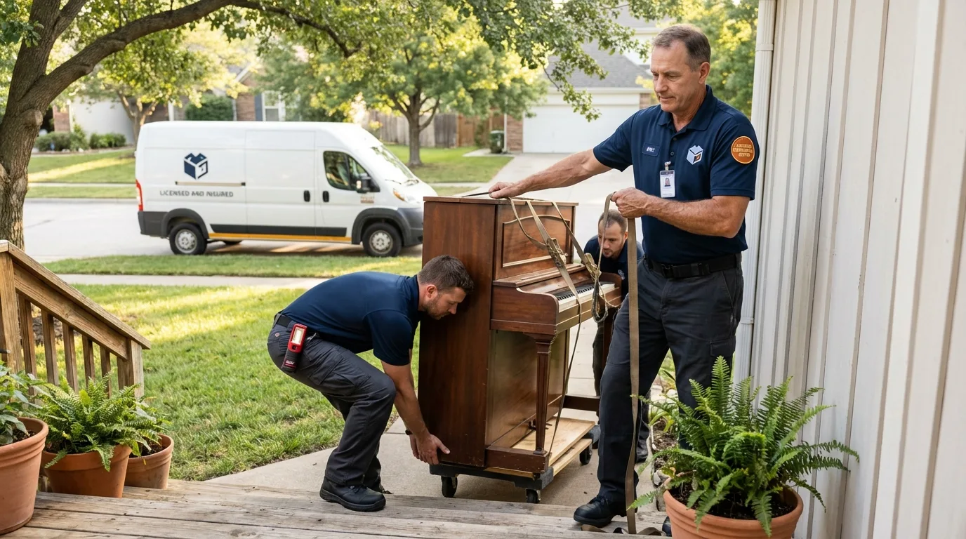 Licensed piano movers securing grand piano in Waikoloa, HI