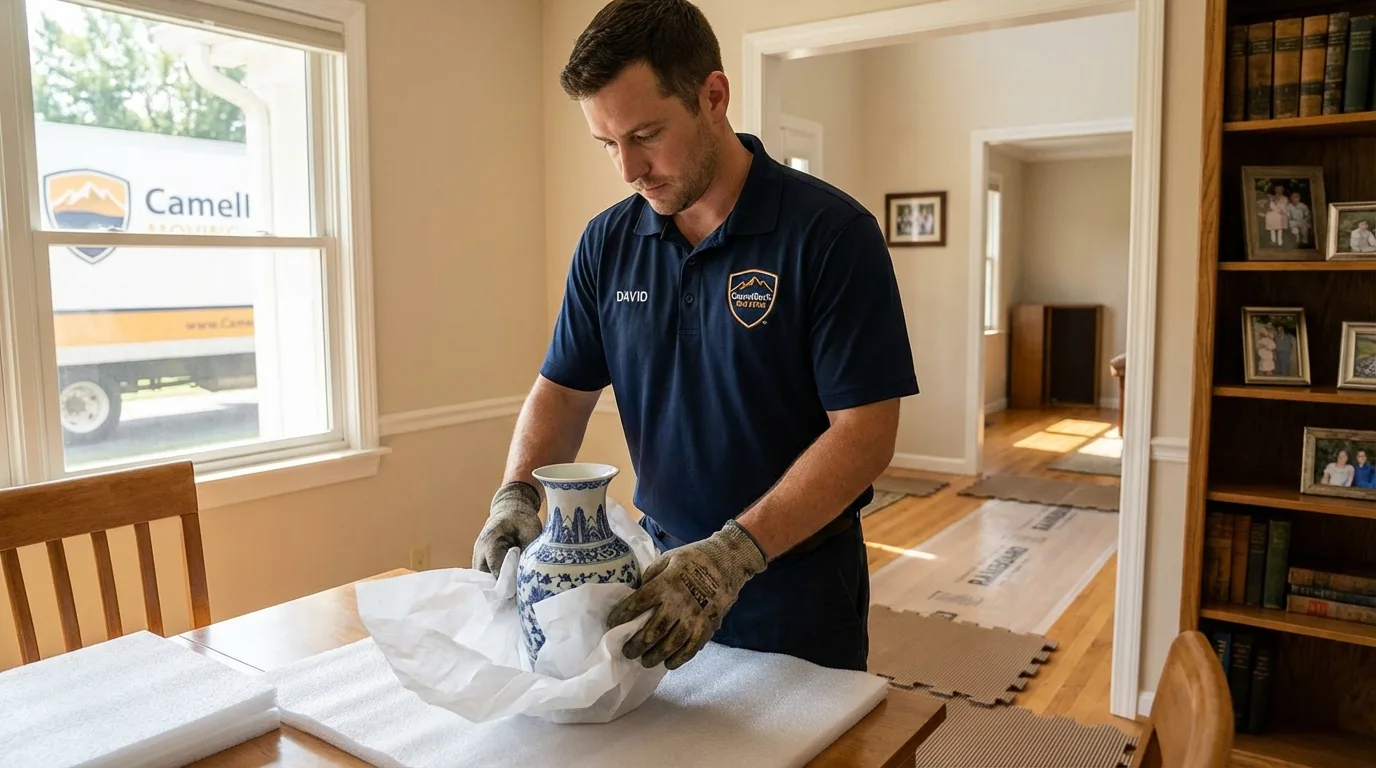 Professional crew carefully wrapping antique vase for senior downsizing move in Waikoloa, HI