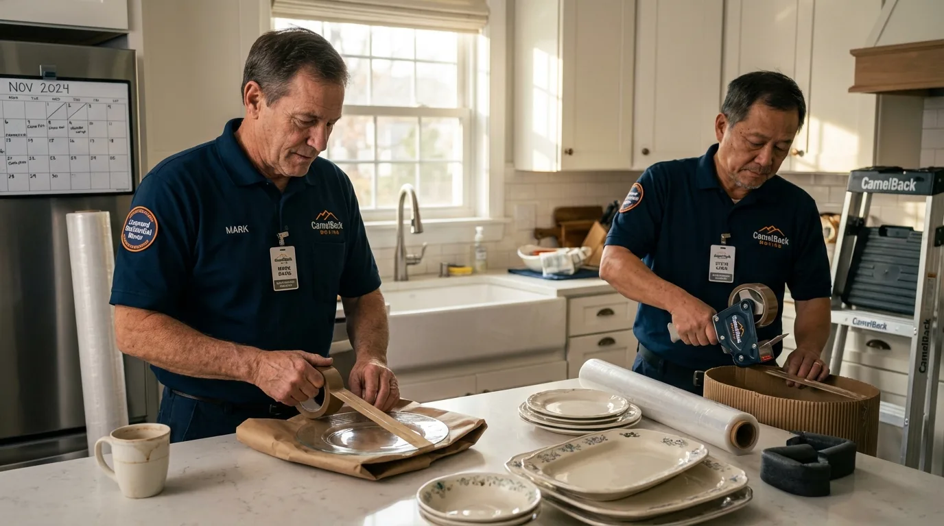 Professional crew packing kitchen dishware in Waikoloa, HI